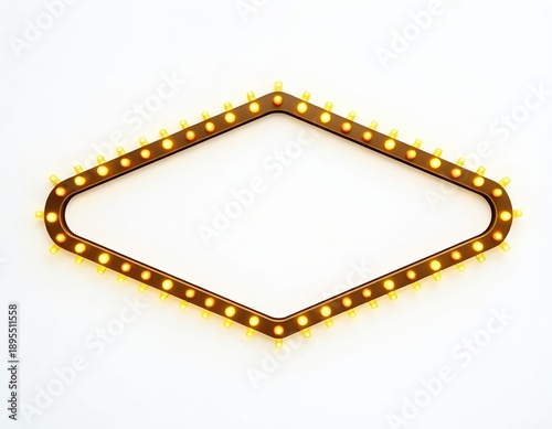 Diamond shape marquee sign with illuminated bulbs on white background. Empty frame for text or graphic. Retro style empty billboard sign isolated.