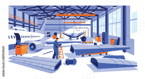 Modern vector illustration of aerospace hangar with technicians assembling aircraft parts, representing aviation engineering and high-precision industry