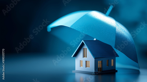 Three-dimensional house model under protective umbrella on azure background, rental insurance concept, mortgage protection coverage, financial security, property safeguarding, lending protection,