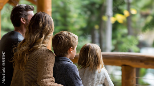 Family group in lodge against natural background setting, defocused outdoor scene, residential property, vacation home, domestic lifestyle, nature retreat, property ownership, peaceful living, with
