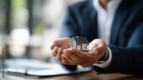 Real estate broker delivering sample properties to defocused customers, mortgage contracts, lending documents, hire-purchase agreements, house sales paperwork, property transaction concept,