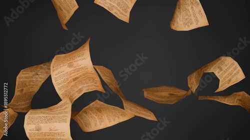 Flying Ancient Manuscripts and Vintage Contracts Scattering in Dark Void - Historical Archive Explosion