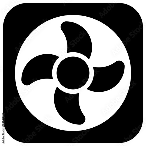 A black 3D fan icon vector design represents a wind ventilator propeller symbol and nuclear radiation danger sign illustration