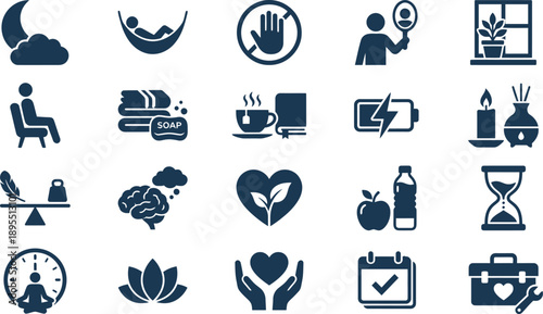 A clean and fresh icon set illustrating diverse elements of well-being, balanced lifestyle, and mindful daily routines for healthy living