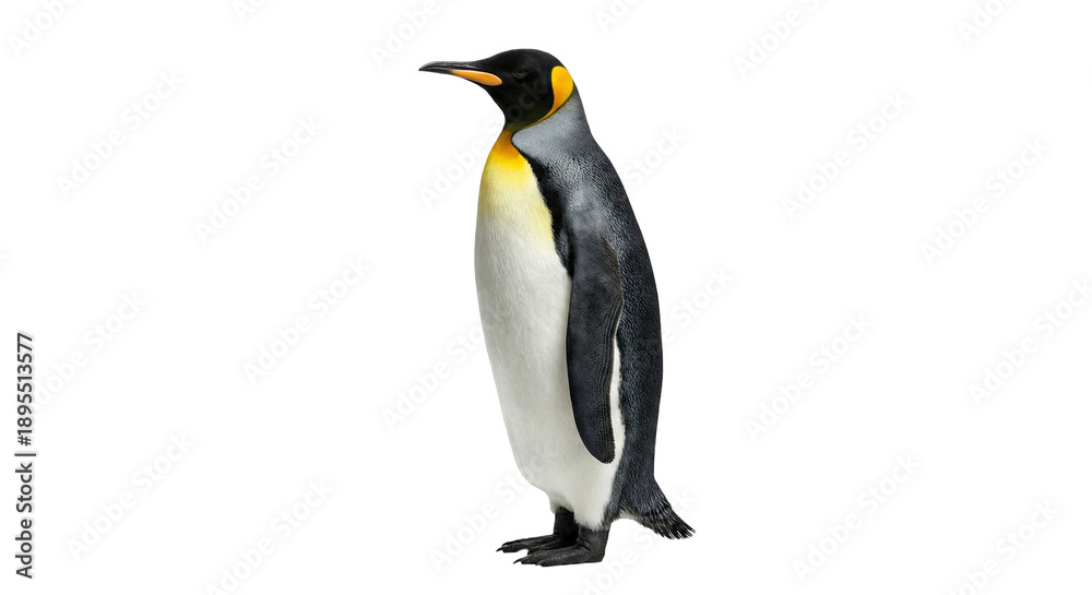 Fototapeta premium Majestic King Penguin Standing Isolated on White Background, Adult Antarctic Bird Profile Portrait, Wildlife and Nature Conservation Concept, Flightless Sea Bird with Yellow Neck Detail