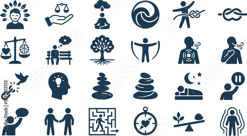 Empowering icons for personal growth, mental health, emotional balance, and social connection, illustrating wellness and life challenges