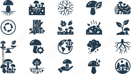 Fresh and Modern Mushroom & Fungi Icon Collection Depicting Natural Growth, Forest Ecology, and Sustainable Cultivation Practices