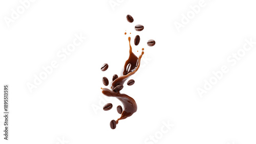 Liquid Splash with Flying Coffee Beans on White