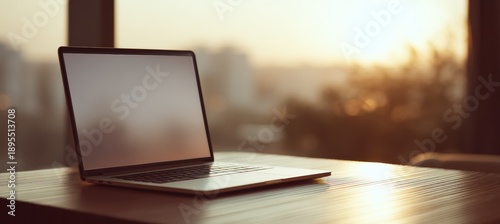 Wallpaper Mural minimal table with reflected open laptop and closed device silence Torontodigital.ca