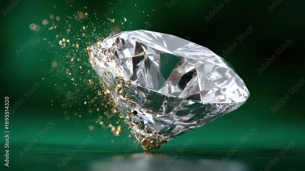 Fototapeta premium Sparkling diamond on emerald background with gold dust explosion