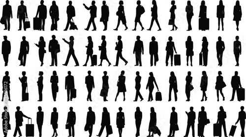 Black silhouette illustration set of business people and commuters walking, standing, and carrying luggage in modern professional travel and work scenes