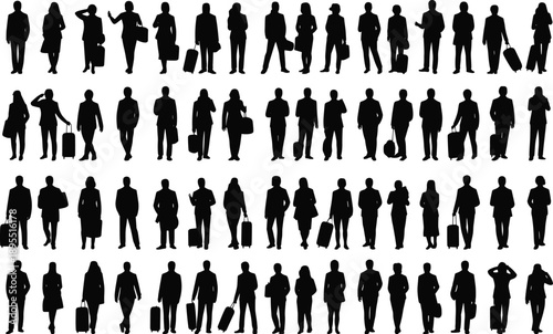 Black silhouette illustration set of business people standing and walking with bags and luggage in modern professional commuting scenes