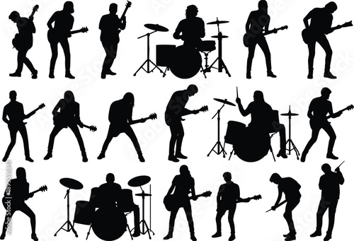 Black silhouette illustration set of rock musicians playing guitars and drums in dynamic live music performance poses on white background