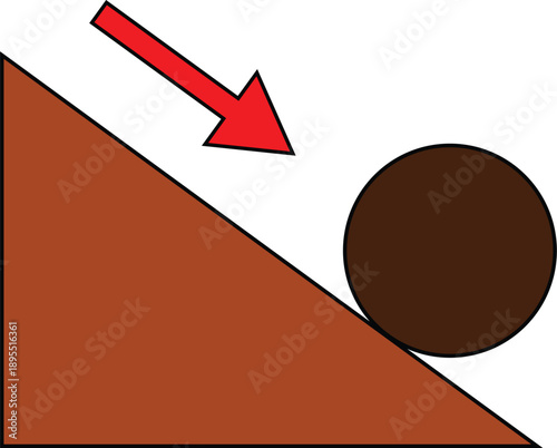 Brown sphere rolling down a brown ramp with a red arrow indicating downward motion representing physics concepts like gravity and acceleration
