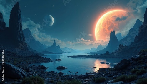 Alien planet landscape with jagged mountains, a serene lake, and two celestial bodies in the dark sky. Strange vegetation grows on the rocky shore under glowing moon and sun.