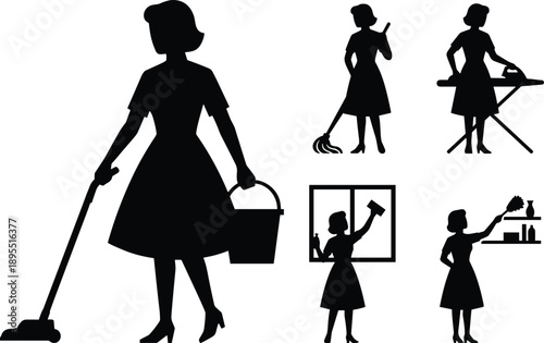 Black silhouette illustration set of woman performing household cleaning activities including vacuuming, mopping, ironing, window cleaning, and home maintenance tasks