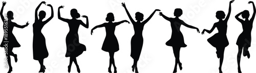 Black silhouette illustration set of women dancing gracefully in coordinated expressive poses representing movement, rhythm, elegance, and creative freedom