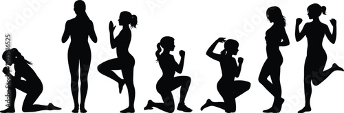 Black silhouette illustration set of women performing fitness exercise poses including squats, lunges, stretching, balance, and bodyweight training routines