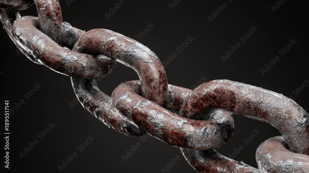 Fototapeta premium Rusty metal chain link close up with textured surface and dark background, showing heavy industrial strength and aged durability