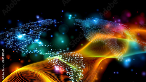 Digital artwork showing a colorful map of the world with bright lights and swirling patterns against a black background