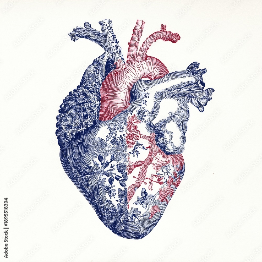 Fototapeta premium Anatomical heart drawing featuring ornate floral patterns. Decorative human heart combining anatomical and intricate floral designs on a white background