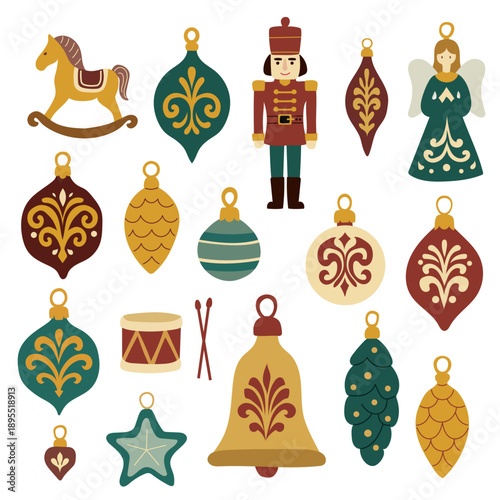 Victorian Toys Christmas Ornament Set with Vintage Holiday Decoration and Festive Vector Illustration