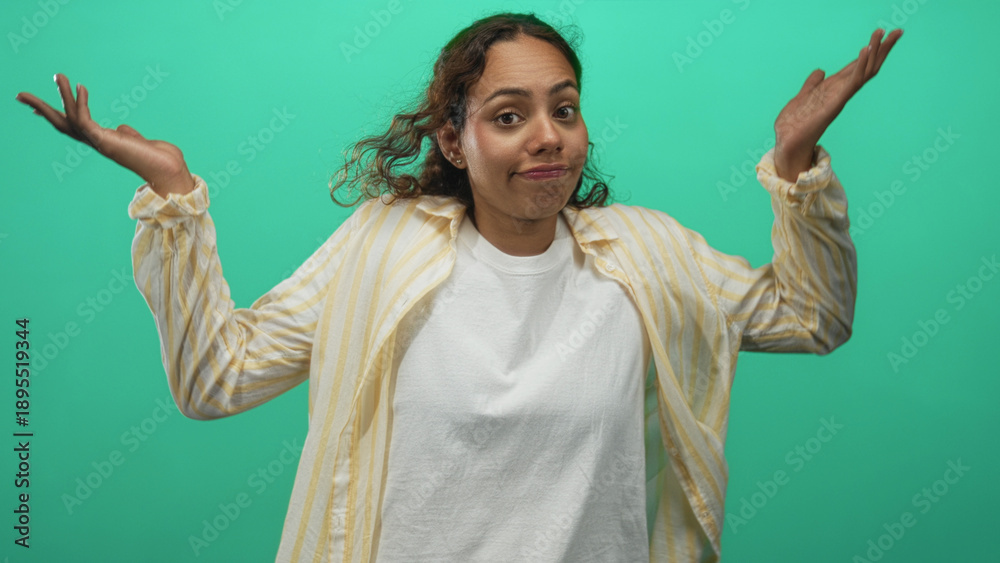 Naklejka premium Woman shrugging with palms up and raised shoulders, wearing yellow striped shirt and white tee in green studio; uncertainty.