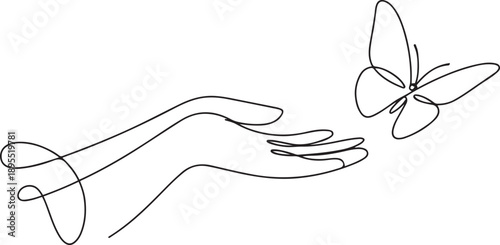 Girl releasing a butterfly. One continuous line drawing of hand holding butterfly. one line Art icon drawing vector