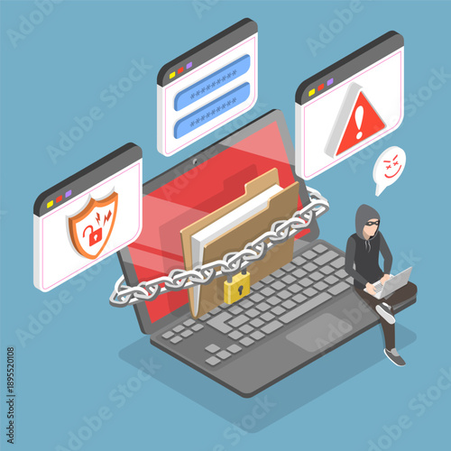3D Isometric Flat Vector Illustration of Cybersecurity, Cyber Criminal Hacking Laptop For Ransomware Prevention And Cybersecurity Defense Measures