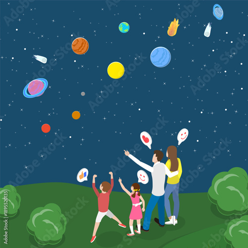 3D Isometric Flat Vector Illustration of Happy Family, Gazing At Twinkling Night Sky While Intertwined.