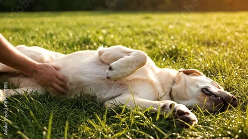 Dog rolling on green grass lawn getting belly rub from person, sunny outdoor recreation