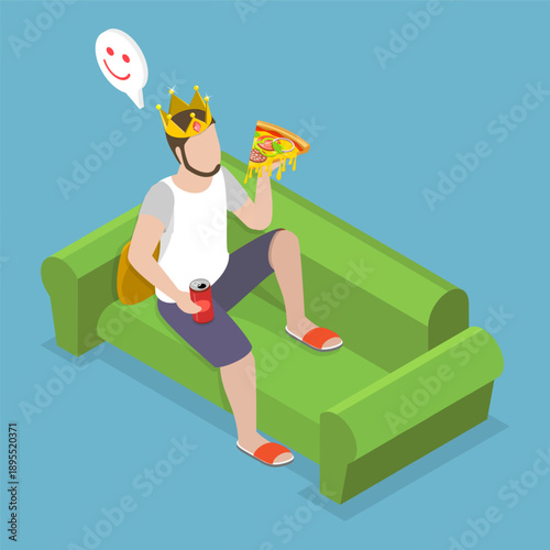 3D Isometric Flat Vector Illustration of Sofa King, Unemployed Man Living A Lazy Life With Pizza And Beer