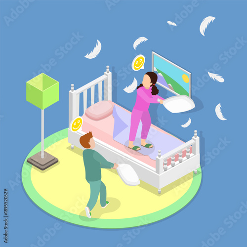 3D Isometric Flat Vector Illustration of Brother-sister Fight, Joyful Kids Playful Pillow Fight