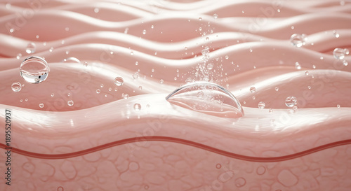 Close up of a pink cream with water droplets on a wavy surface