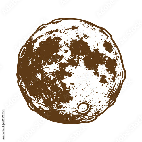 Vintage Grunge texture Illustration of a moon with craters and texture in brown color on white background  lunar surface