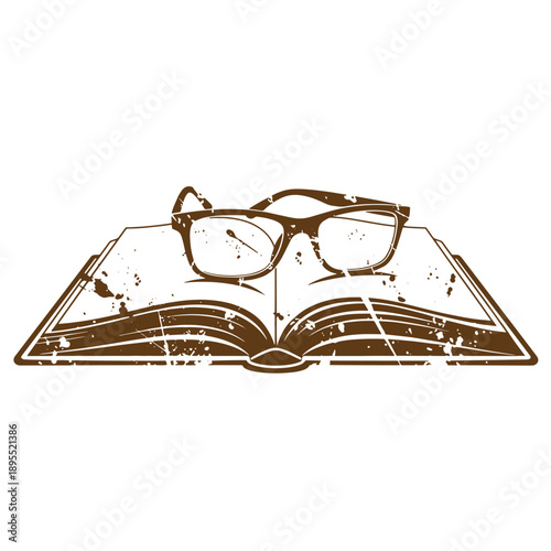 Vintage Grunge texture Sepiatoned illustration of glasses resting on an open book with a grungy texture  symbolizing reading and learning