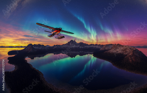 Wallpaper Mural Aurora Over Mountain Lake With Seaplane At Sunset Under Starry Night Sky Torontodigital.ca
