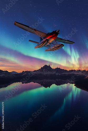 Wallpaper Mural Plane Flying Under Aurora Lights Over Snowy Mountains Reflected In Calm Mountain Lake At Dusk Torontodigital.ca