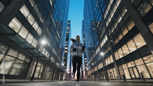A lone woman with a determined look runs towards the camera between colossal skyscrapers in downtown Chicago. Dawn light reflects off the glassy surfaces as she makes her way.
