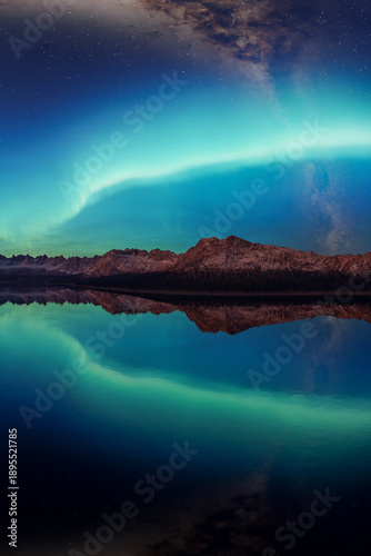Northern Lights Over Mountain Range Reflected In Calm Alpine Lake At Night