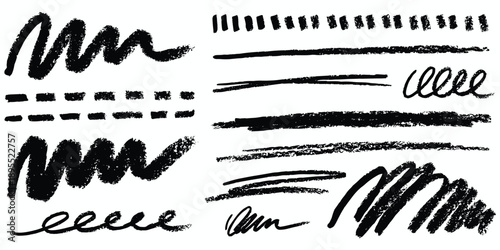 Black crayon scribbles and dashed lines on a white background Keywords: crayon, scribble, hand drawn, texture, artistic, graphic
