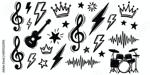 Black hand-drawn music and rock and roll icons on white background abstract badge