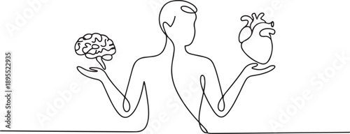 Single continuous line drawing of a person holding a brain and heart. one line Art icon drawing vector