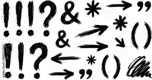 Black hand-drawn punctuation marks arrows and symbols on white background Keywords: punctuation, symbols, arrows, exclamation