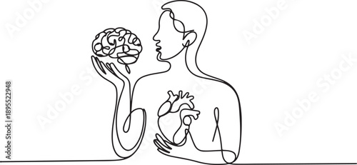 Single continuous line drawing of a person holding a brain and heart. one line Art icon drawing vector