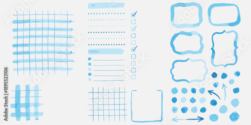 Blue Hand Drawn Grid Lines, Checklists, Frames, and Dots vector illustration