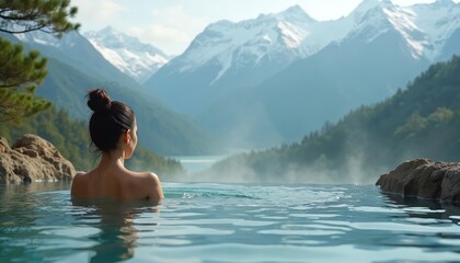 Woman soaks in natural hot spring pool. Steam rises around her with misty mountain backdrop. Serene water reflects snowy peaks. Pure nature relaxation vacation escape.
