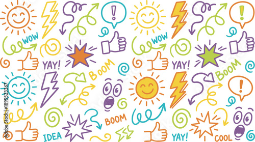 Colorful Doodle Elements with Happy Faces and Positive Symbols Keywords: doodle, colorful, happy, sun, lightning bolt