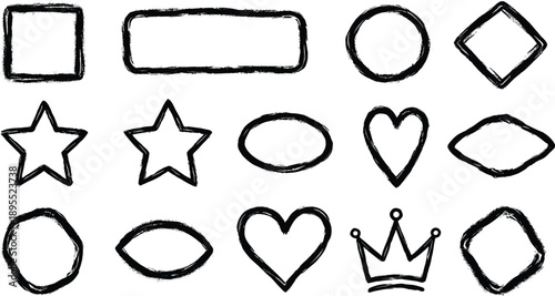 Hand Drawn Black Grunge Geometric Shapes and Symbols on White Background Keywords: square, rectangle, circle, diamond, star