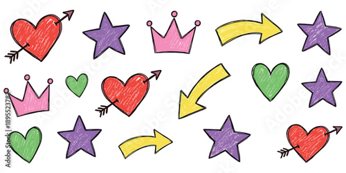 Hand Drawn Hearts Stars Crowns And Arrows In Bright Colors Keywords: hearts, stars, crowns, arrows, hand drawn, doodle, sketch